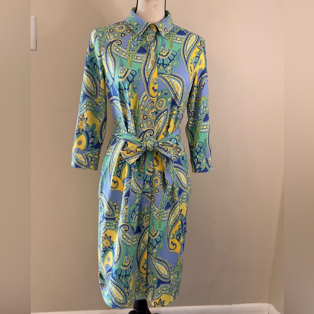 Talbots Paisley Print Midi Shirt Dress in Blue, Yellow & Green
